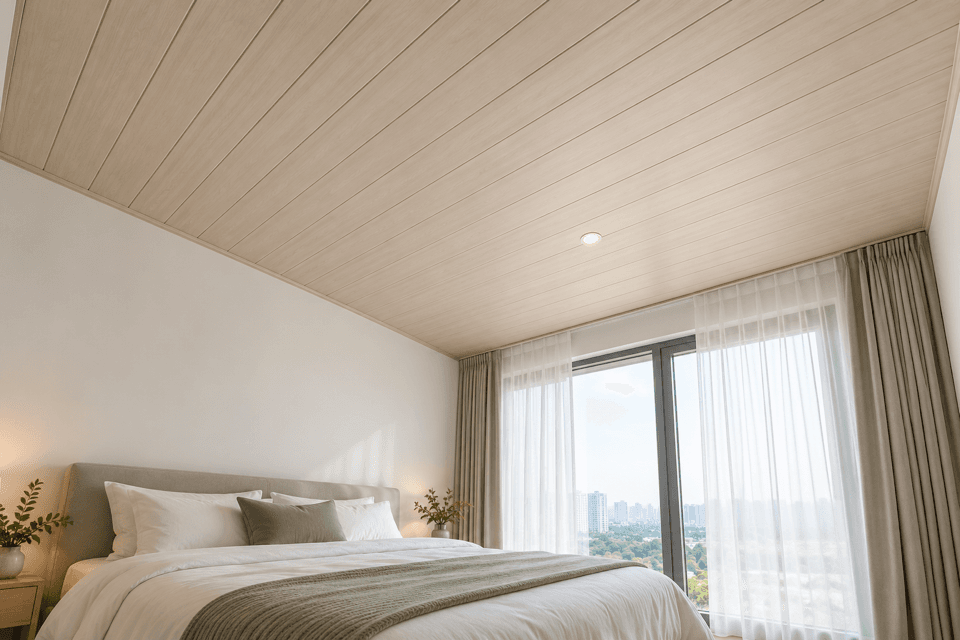 Illustration of the 107 Sandal Wood PVC ceiling finish in a bedroom