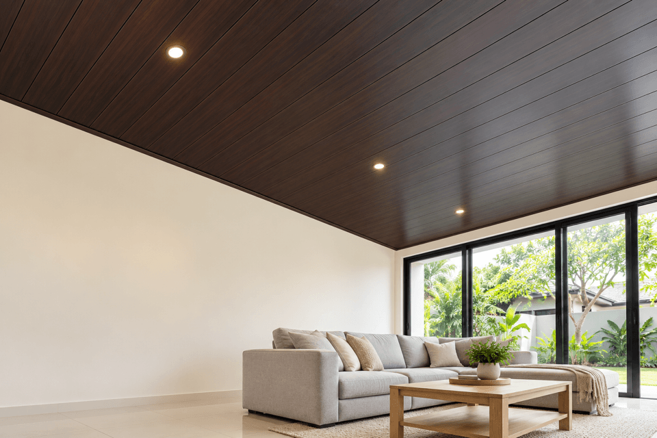 Illustration of the 103 Walnut PVC ceiling finish in a living room
