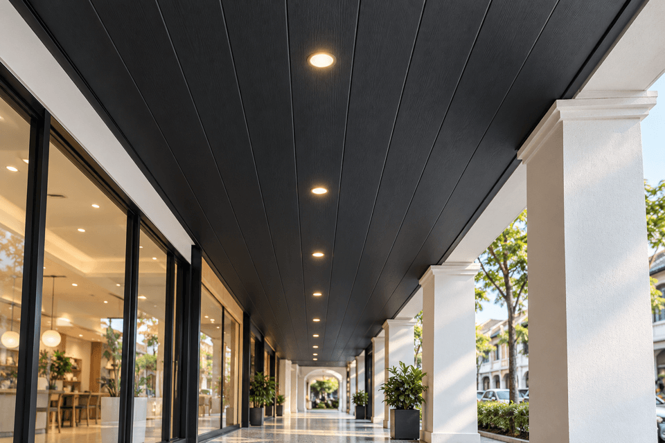 Illustration of the 111 Black PVC ceiling finish in a shop front