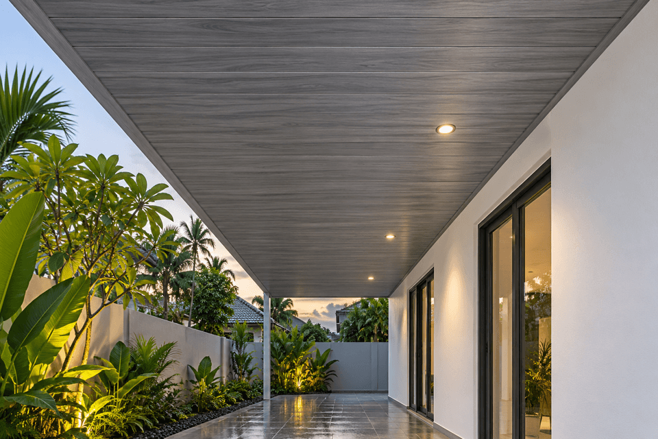 Illustration of the 114 Grey Teak PVC ceiling finish in a walkway