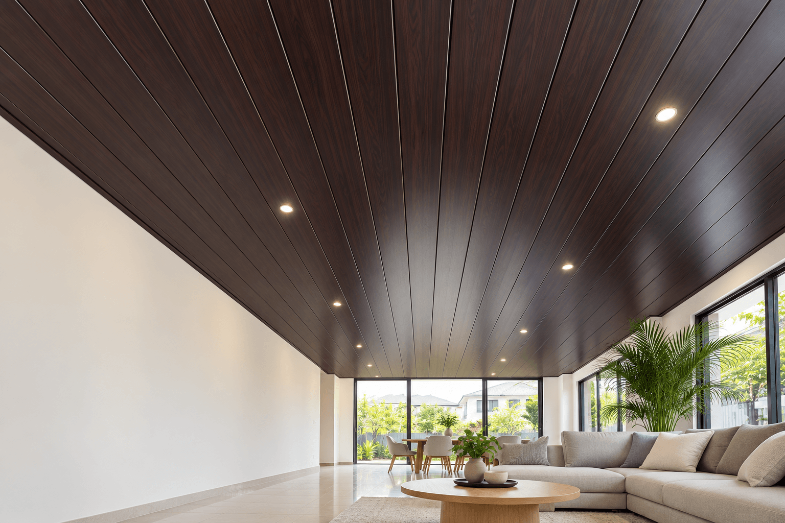 Walnut woodgrain PVC ceiling with downlights over a bright, modern living room